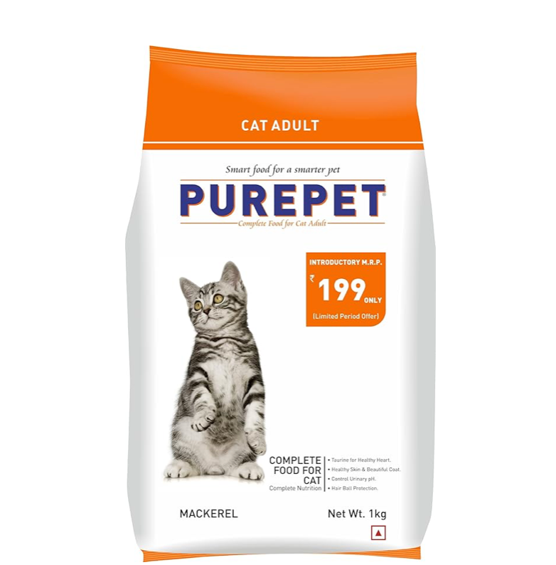 Purepet Adult Dry Cat Food 1kg | Mackerel Flavour | Hairball Protection | Heart Care with Taurine | Skin Health